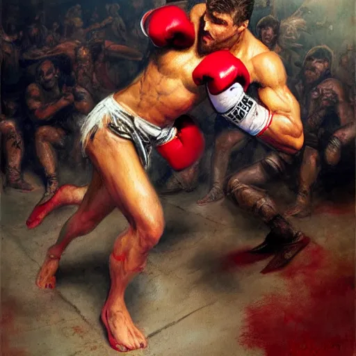 Image similar to a beautiful painting the grim reaoer fist - fighting satan in a boxing ring, rendered art, highly detailed painting by gaston bussiere, craig mullins, j. c. leyendecker 8 k, trending on artstation, art, fighting, watercolor