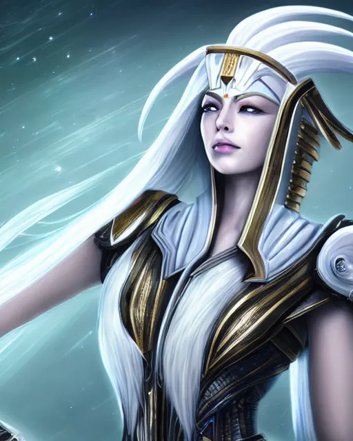 Image similar to perfect white haired attractive egyptian goddess, warframe armor, pharaoh headdress, beautiful, symmetric, dreamy, half asian, pretty face, green eyes, charlize theron, detailed, scifi platform, laboratory, experiment, 4 k, ultra realistic, epic lighting, android body, illuminated, cinematic, masterpiece, art by akihito tsukushi, voidstar