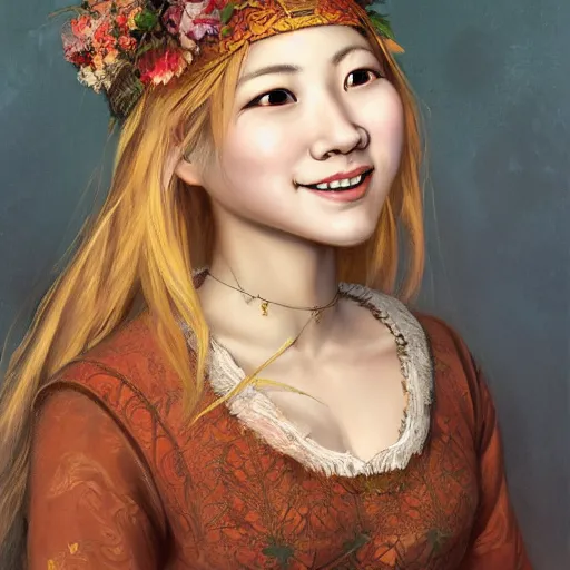 Prompt: a totally amazed smiling pretty asian girl with blonde hair, fully covering intricate detailed bohemian outfit, long loose blonde hair, precise linework, accurate brown eyes, small nose, beautiful smooth oval head, expressive emotions, hyper realistic ultrafine portrait by artemisia gentileschi, jessica rossier, greg rutkowski, artgerm