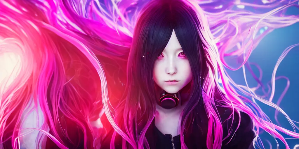 Prompt: beautiful portrait of a woman with pastel long hair floating in the air with her eyes open facing the camera hands forward centered with studio headphones on in the style of a code vein character, momo from twice in code vein in the style of WLOP, artgerm, yasutomo oka, rendered in unreal engine and redshift octane , background is surrounded by epic neon glitch effect digital art dynamic dramatic lighting, soft lighting, imagine fx, artstation, cgsociety, by Bandai Namco artist,