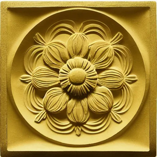 Prompt: ornate carving of a daisy in a flat circular inset on a square gold panel, cinematic lighting