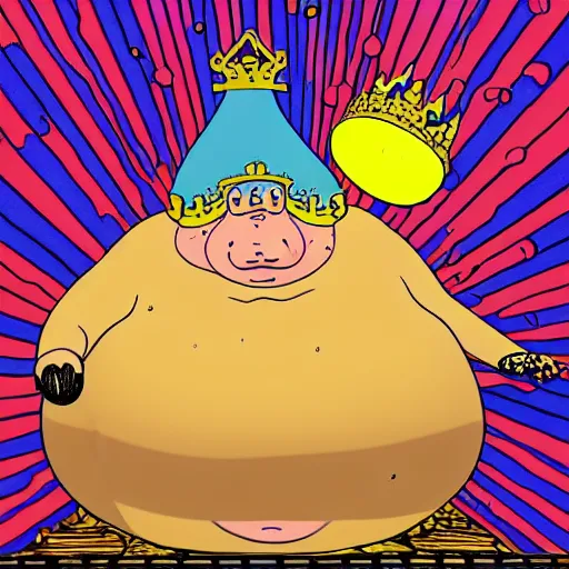 Image similar to trippy comic art of a obese pig wearing a gold crown throwing tan paper balls into the air, drawn by Martin Rowson, Tim Burton, Studio Ghibli, Alex Pardee, Nekro Petros Afshar, James McDermott, colors by lisa frank, unstirred paint, vivid color, cgsociety 4K