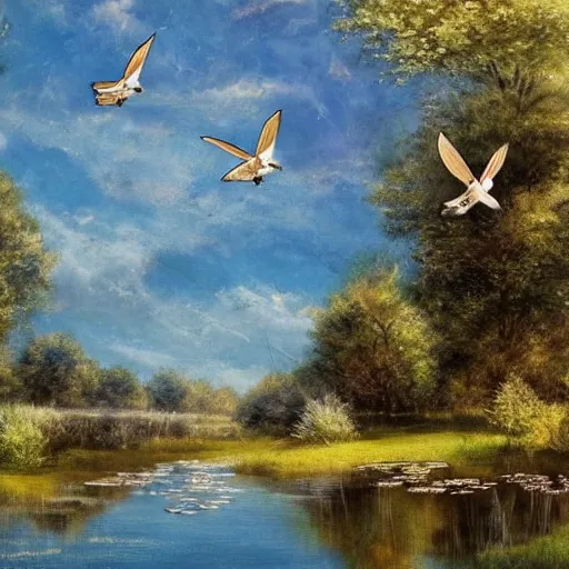 Image similar to swallows flying above a beautiful pond. Artwork, artstation, highly detailed
