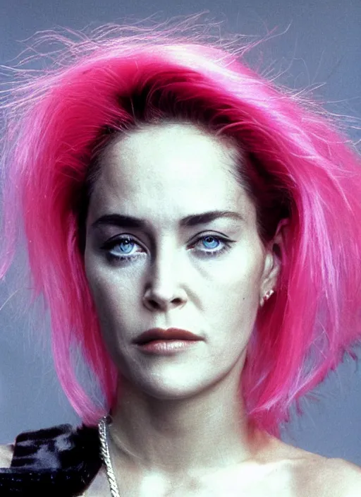 Image similar to Photo of a beautiful 20yo Sharon Stone (1995) with pink cyberpunk hairstyle, in the style of Mario Testino, detailed, 82 mm sigma art