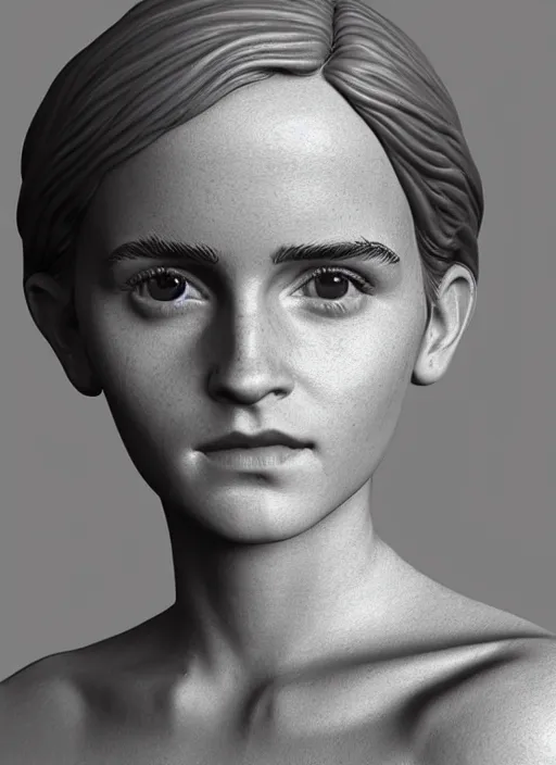 Image similar to 3D resin miniature sculpture of Emma Watson by Jean-Baptiste Carpeaux and Luo Li Rong, prefect symmetrical face, full body shot, academic art, realistic, 8K, Product Introduction Photo, Hyperrealism. Subsurface scattering, raytracing, Octane Render, Zbrush, simple background