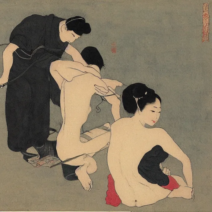 Prompt: man making a tattoo on the back of a woman. painting by hashiguchi goyo