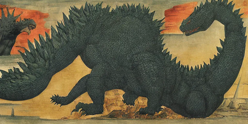 Image similar to godzilla by sandro botticelli, painting