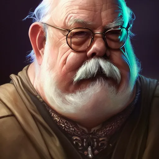 Image similar to Wilfred Brimley, closeup, D&D, fantasy, intricate, elegant, highly detailed, digital painting, artstation, concept art, matte, sharp focus, illustration, hearthstone, art by Artgerm and Greg Rutkowski and Alphonse Mucha