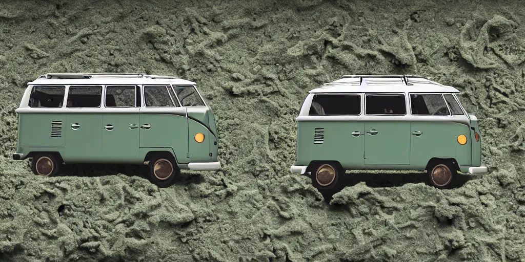 Image similar to dessert where a vw campervan is sinking in the sand and covered with moss corroding ,digital art, high detail, hyper realistic,