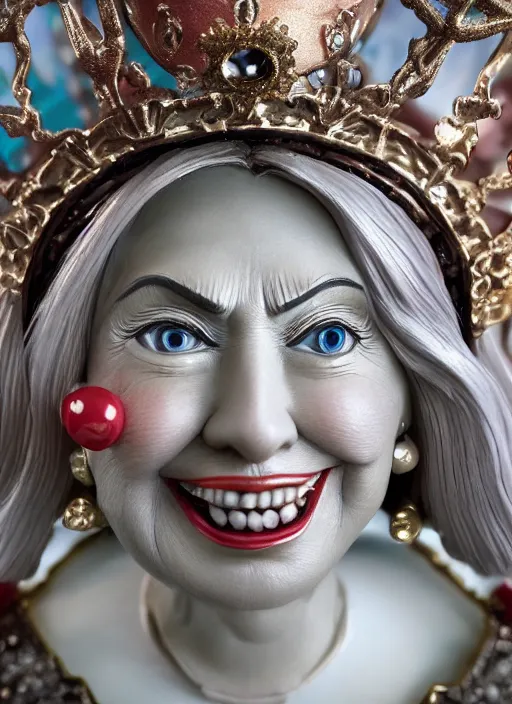 Image similar to closeup face profile portrait of tin toy hillary clinton as a fairytale princess wearing a crown eating cakes, bikini, depth of field, zeiss lens, detailed, symmetrical, centered, fashion photoshoot, by nicoletta ceccoli, mark ryden, lostfish, breathtaking, 8 k resolution, extremely detailed, beautiful, establishing shot, artistic, hyperrealistic, octane render