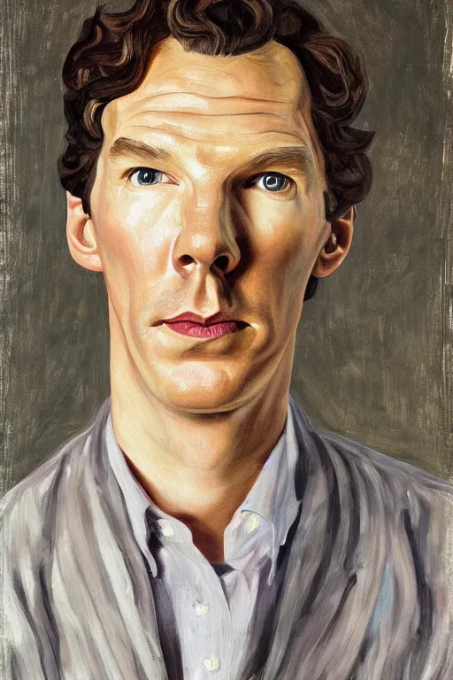 Prompt: portrait of benedict cumberbatch, painted by lucien freud