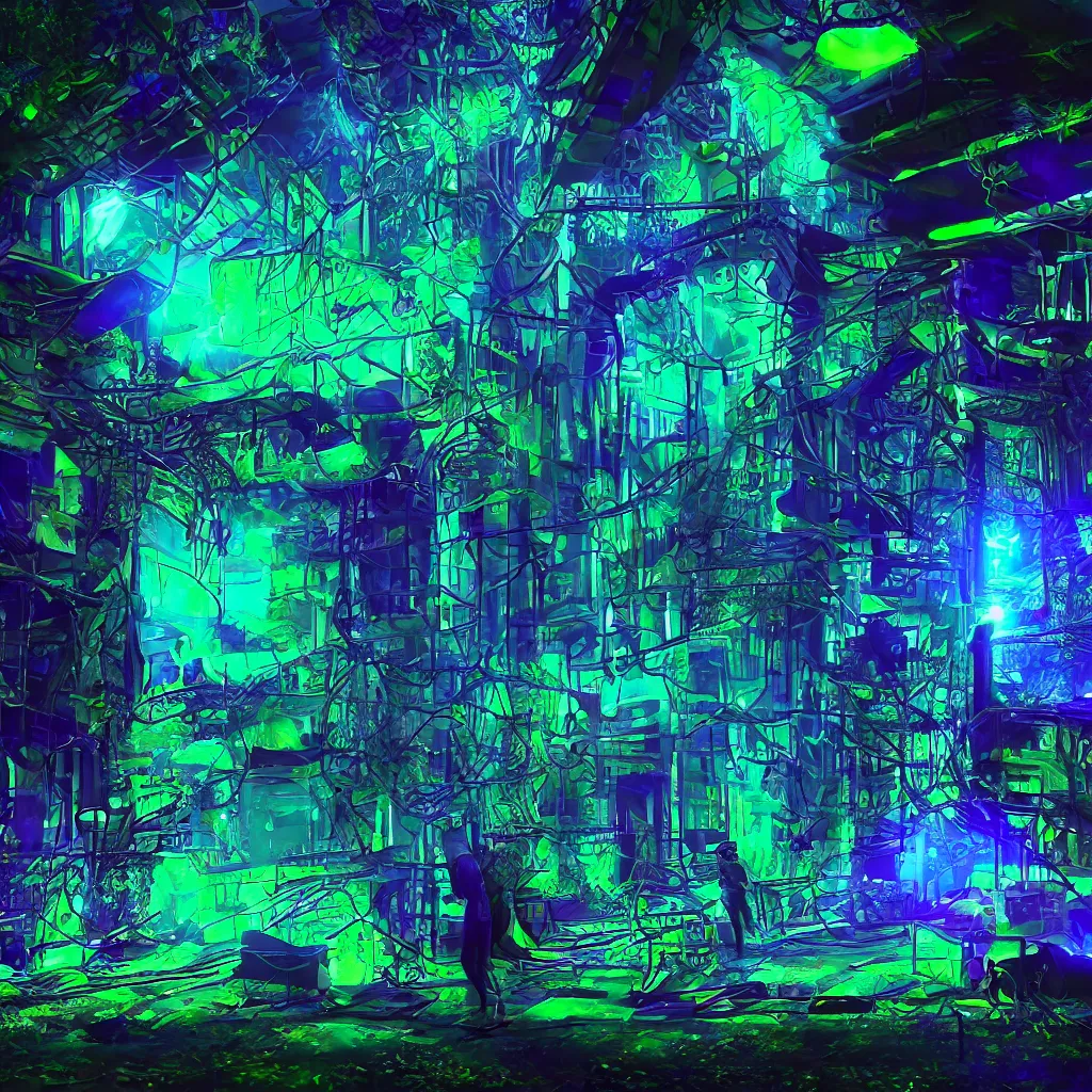 Image similar to bioremediation cyberpunk prism at night, bioluminescent, iridescent aura