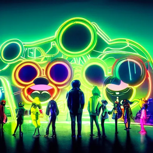 Image similar to a group of people standing around a giant one - eyed mickey mouse, cyberpunk art by david lachapelle, cgsociety, dystopian art, netflix neon logo concept art, neons, interior