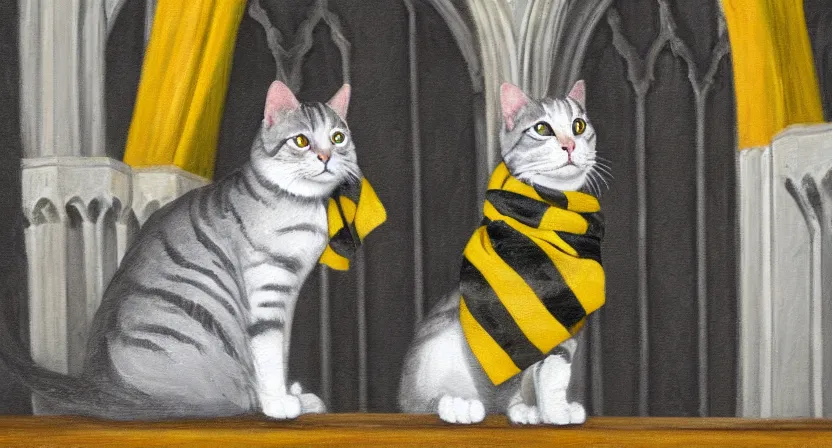 Image similar to oil painting extreme wide shot of a white and grey tabby cat wearing a black yellow striped hufflepuff scarf, in the Gloucester Cathedral cloisters, digital painting, high detail, award-winning, playful