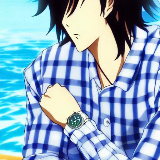 Prompt: anime illustration of young Paul McCartney from the Beatles, wearing a blue and white check shirt and watch, relaxing on a yacht at sea, ufotable