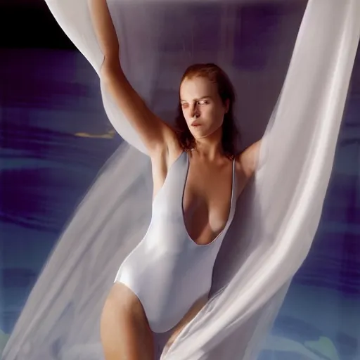 Prompt: portrait photo by mort kunstler and annie leibovitz and monia merlo, a beautiful symmetrical perfect woman in an irridescent one piece swimsuit completely covered in a sheer flowing long white sheet floating in the center of an aquarium, backlit, 4 d, 4 k, volumetric lighting, photorealistic, light ray, hyperdetailed