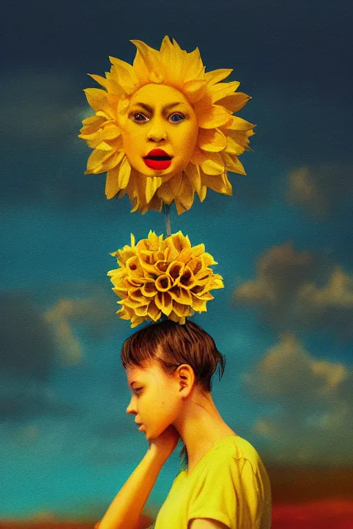 Image similar to closeup girl with huge yellow dahlia flower face, on beach, surreal photography, blue sky, sunrise, dramatic light, impressionist painting, digital painting, artstation, simon stalenhag