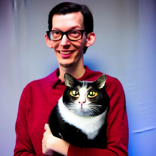 Prompt: portrait of neil cicierega without glasses holding his cat in the dark, red lighting on their faces, black background, nighttime, their right eyes are shining brightly like a star, it's dark, completely red color pallette, the background is black