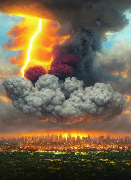 Prompt: mushrooom cloud from a nuclear explosion in a burning city, skyscrapers and large buildings, seen from a hilltop with colorful flowers and grass in the foreground, highly detailed, cinematic, digital art, dramatic lightning, cgssociety, artstation hq, 8 k, hyperrealistic, oil painting by greg rutkowski, by artgerm, by wlop