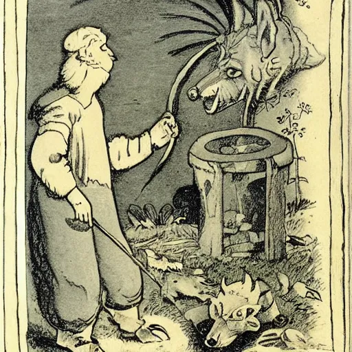 Image similar to illustration of the Aesop fable, The Wolf and the Well