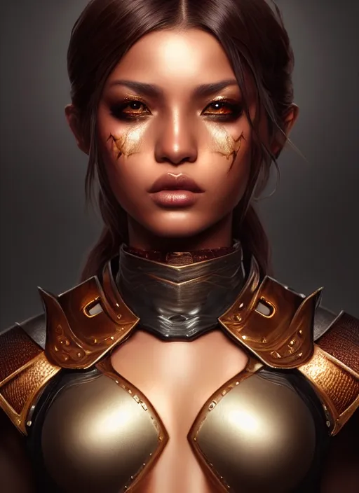 Prompt: portrait of warrior model, sharp focus, octane render, brown skin, realistic render, ffxi, rpg, detailed, beautiful, game, unreal engine, symmetrical!!, maybelline, sephora, loreal, artstation, art by artgerm, rossdraws, art by karol bak, makeup, cinematic, concept art, filmic, vsco