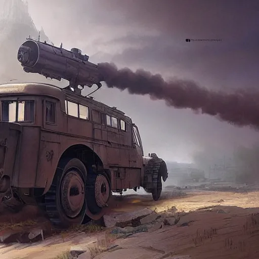 Image similar to a highly detailed epic cinematic concept art CG render digital painting artwork: dieselpunk patrol car inspired by a locomotive. By Greg Rutkowski, Ilya Kuvshinov, WLOP, Stanley Artgerm Lau, Ruan Jia and Fenghua Zhong, trending on ArtStation, subtle muted cinematic colors, made in Maya, Blender and Photoshop, octane render, excellent composition, cinematic atmosphere, dynamic dramatic cinematic lighting, precise correct anatomy, aesthetic, very inspirational, arthouse