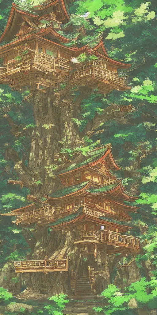 Prompt: detailed japanese treehouse shrine, breath of the wild, hyrule, studio ghibli artstation, 3 5 mm