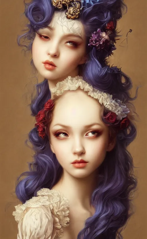 Image similar to pop surrealism, rococo, blue baroque hair, young female seductive - fine - face, pretty face, key visual, realistic shaded perfect face, fine details by stanley artgerm lau, wlop, mark ryden, andrei riabovitchev, marc simonetti, and sakimichan, trending on artstation