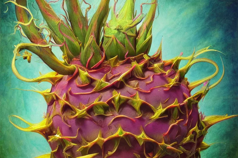 Prompt: dragonfruit wizard, painted by wendy froud and wayne douglas barlowe, trending on artstation, bright closeup view movie poster, mandelbulb 3 d, fresco, watercolor painting, daguerreotype