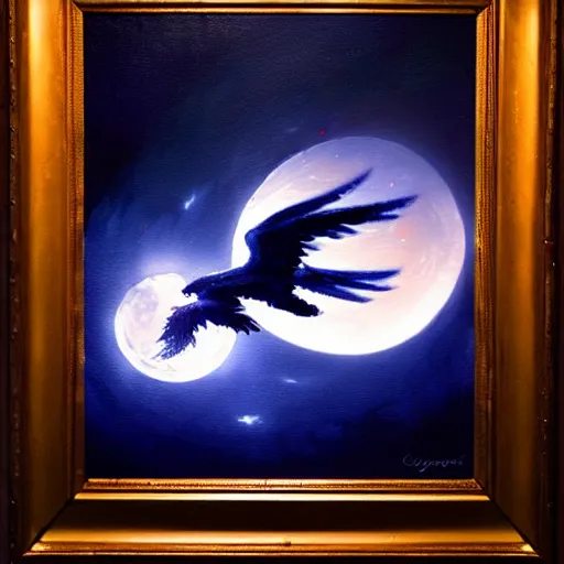 Prompt: blue phoenix flying in front of the moon, glowing light, fire, oil painting by greg rutkowski, 8 k