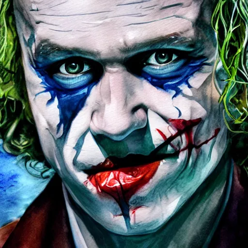 Image similar to heath ledger as the joker underwater, watercolor painting, hyper realistic, 4 k, artstation, smooth