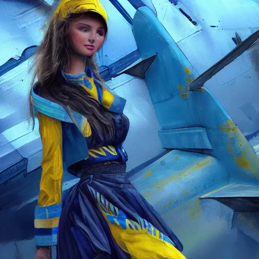 Prompt: ukrainian girl with blue and yellow clothes near big ruined plane, concept art, trending on artstation, highly detailed, intricate, sharp focus, digital art, 8 k