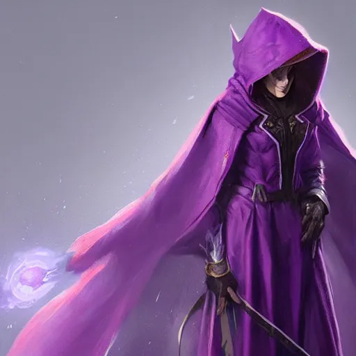 Image similar to female warlock long hood cloak purple, fighting monster with magic, 8 k, trending on artstation by tooth wu and greg rutkowski