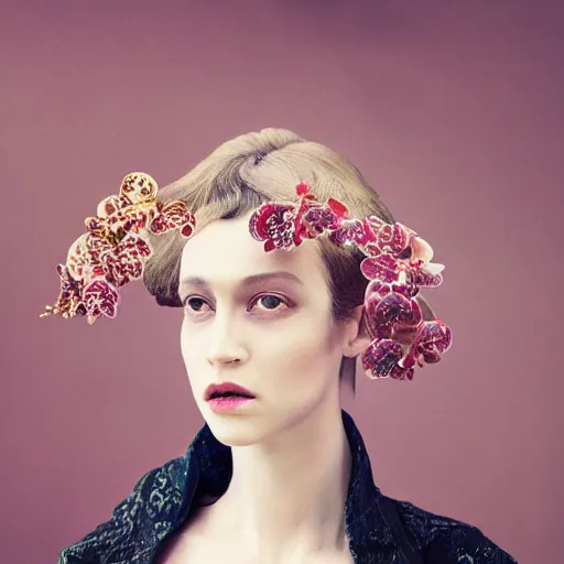 Image similar to long shot kodak portra 4 0 0, 8 k, volumetric lighting, highly detailed, britt marling style 3 / 4, fine art portrait photography in style of paolo roversi, orchid, orchid flower, 3 d render 1 5 0 mm lens, art nouveau fashion royalty, elegant, hyperrealistic ultra detailed, 8 k