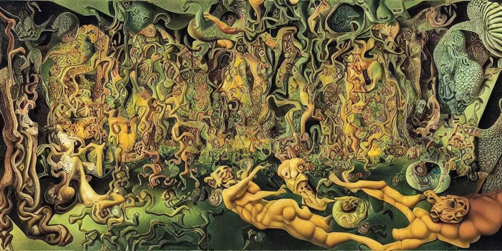 Image similar to basilisk, pain, pleasure, suffering, adventure, love, abstract oil painting by mc escher and salvador dali and raqib shaw sandman dream palace