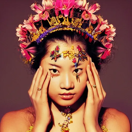 Image similar to photography of the asian queen sitting in the flower thorn, beautiful face, masterpiece costume, jewellery, high quality, elegant, emotionally touching, cool, deep gaze, mystery, tenderness, david lachapelle style