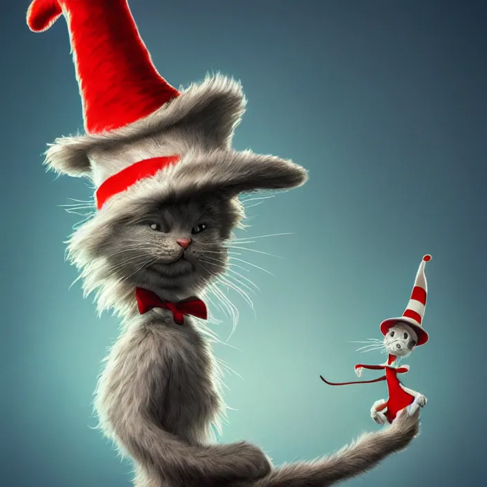 Image similar to complex 3 d render, hyper detailed, ultra sharp, of the cat in the hat, scary, comical, cinematic, natural soft light, rim light, octane render, artstation, art by artgerm and greg rutkowski and alberto seveso, dr seuss