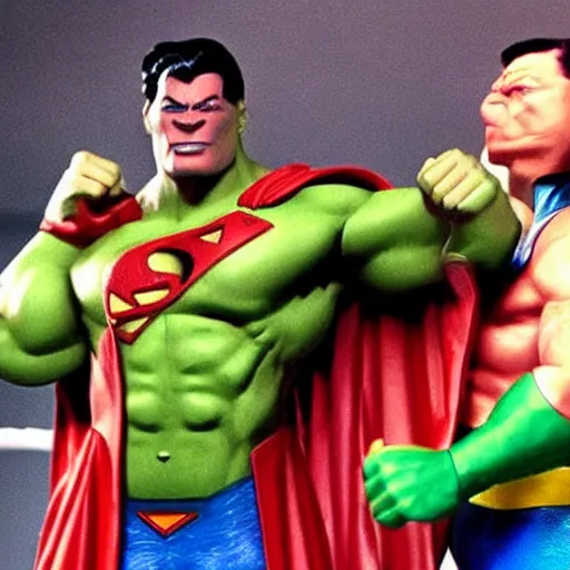 Image similar to supermen and hulk at WWE smacking down Vince McMahon