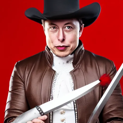 Prompt: photo of elon musk as a musketeer, he has a big black hat with a red feather, he is holding a shiny rapier sword, he is posing and looking straight to the camera, brown background, studio lighting, 4 k, 8 k