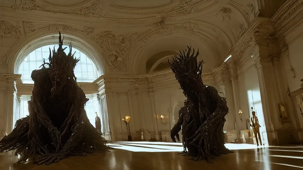Prompt: the strange creature in city hall, made of wax and water, film still from the movie directed by Denis Villeneuve with art direction by Salvador Dalí, ultra low angle