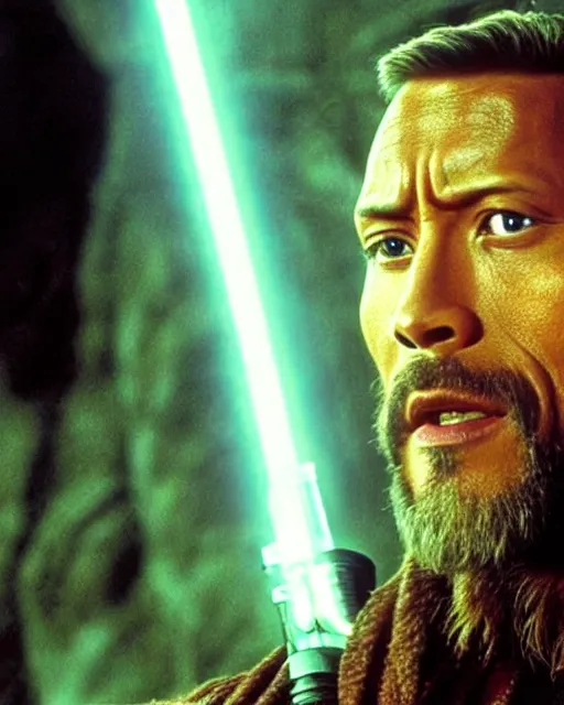 Image similar to Film still close-up shot of Dwayne Johnson as Obi-Wan Kenobi from the movie Return of the Jedi. Photographic, photography