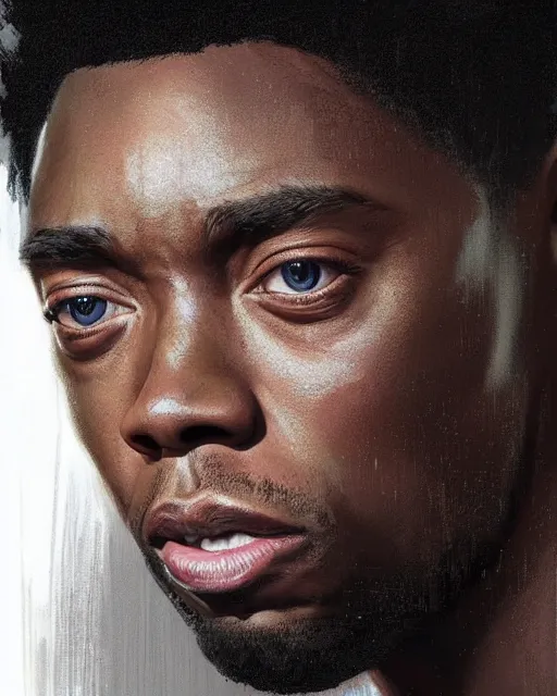 Prompt: chadwick boseman, hyper realistic face, beautiful eyes, fantasy art, in the style of greg rutkowski, intricate, hyper detailed, smooth