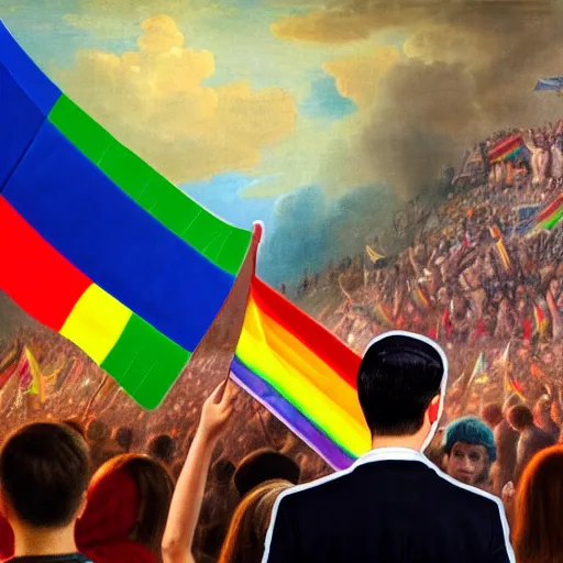 Prompt: i highly detailed photo of ben shapiro waving a rainbow flag in the middle of a crowd, historic painting, high definition, high quality painting, detailed face, detailed body, full body