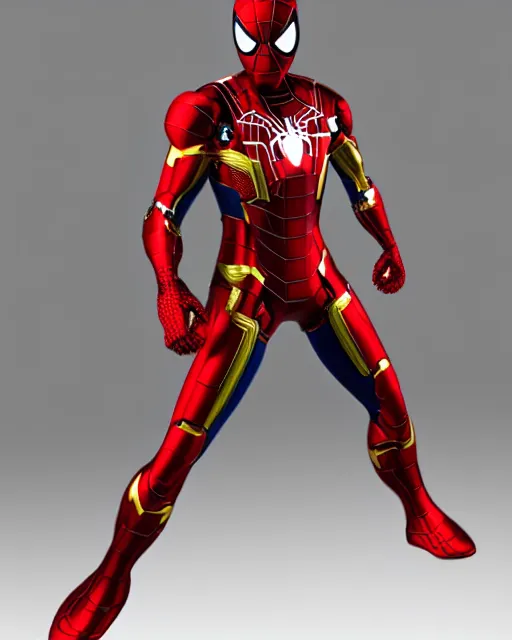 Prompt: fabricated a new red and gold costume super high resolution photorealistic cyberpunk iron spiderman mixed with iron man
