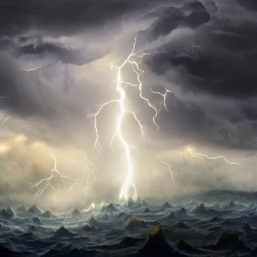 Prompt: A storm god, Lightning raining down from the backlit clouds, triumphant, glorious, HD, 4k, incredibly detailed, intricate, masterpiece,