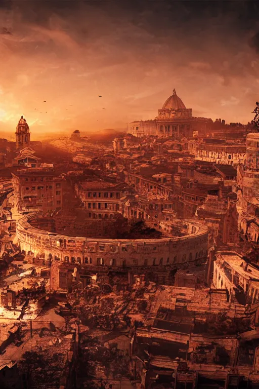 Prompt: rome after a fallout, wide angle, redscale photography, dramatic lighting, photorealistic, cinematic lighting, high detail, cinematic feel, high octane, 4 k, unreal engine, digital render, intricate, ultra realistic, concept art