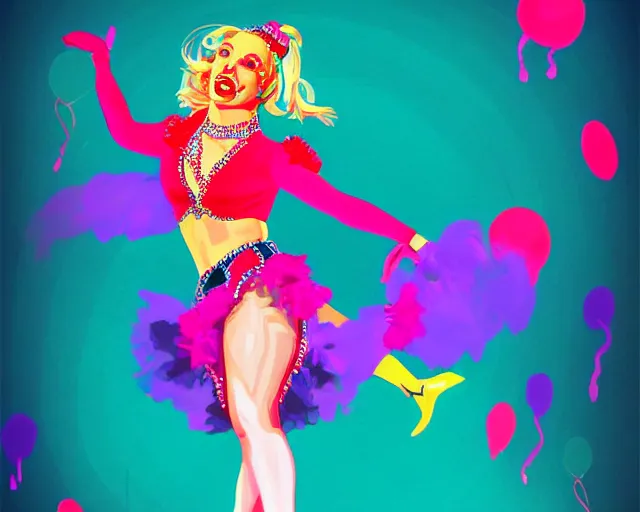 Image similar to britney spears as a cancan dancer in art deco style, hyper realistic, artstation, illustration, digital paint, matte paint, vivid colors, bright, cheerful, detailed and intricate environment