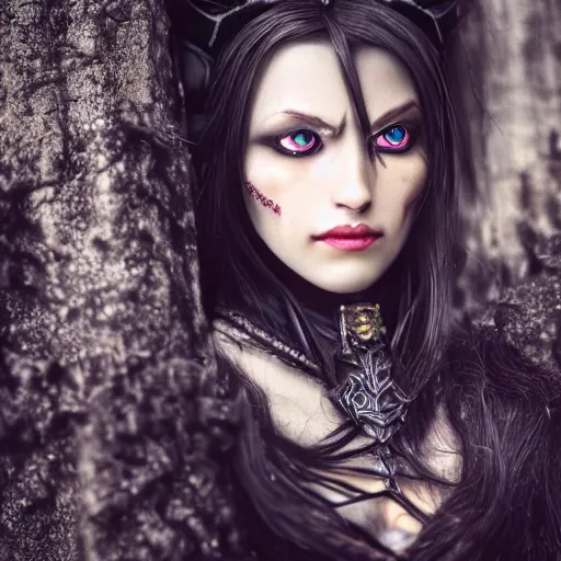 Image similar to beautiful portrait of a dark sorceress female, 35mm, cinematic shot, photorealistic, depth of field