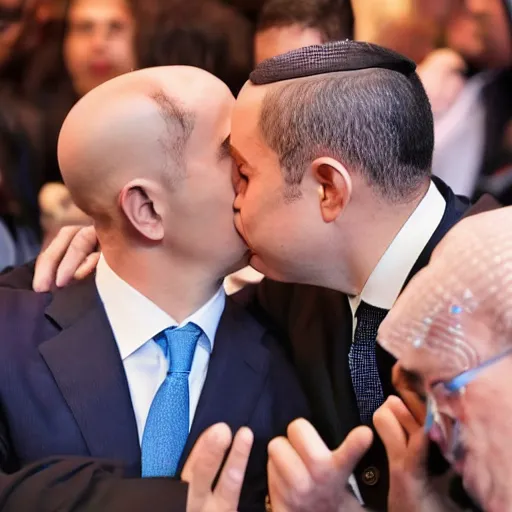 Image similar to benjamin netanyahu kissing naftali bennet, realistic, detailed