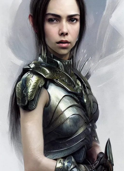 Image similar to a professional portrait of a beautiful young female, clothed in ethereal battle armor, olive skin, long dark hair, beautiful bone structure, symmetrical facial features, intricate, elegant, digital painting, concept art, smooth, sharp focus, finely detailed, illustration, from Valerian and the City of a Thousand Planets, in the style of Ruan Jia and Mandy Jurgens and Artgerm and Greg Rutkowski and William-Adolphe Bouguerea